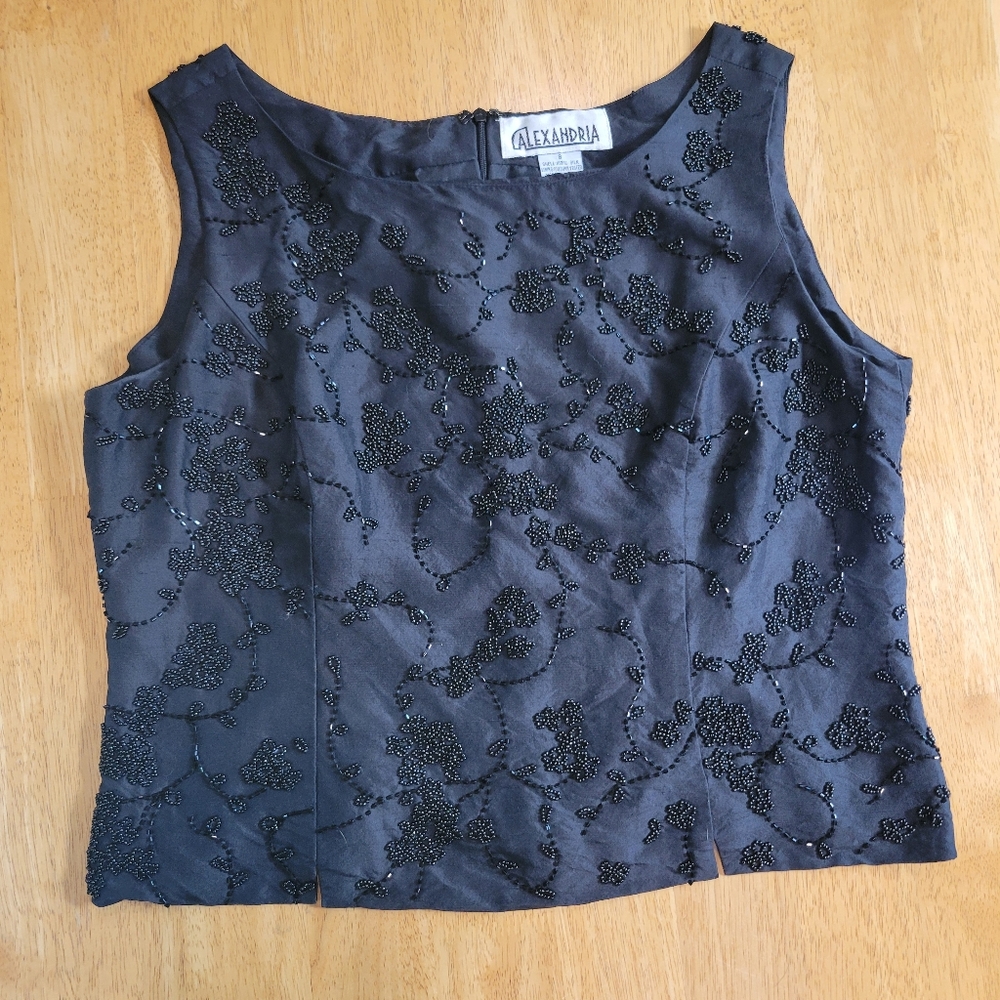 EUC VINTAGE Alexandria embellished floral black sleeveless blouse